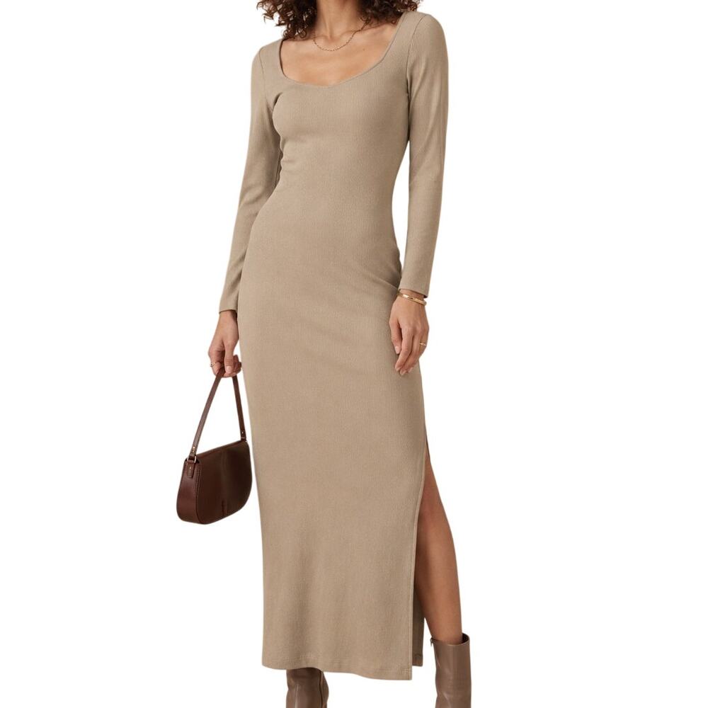 French Connection Ribbed Knit Bodycon Maxi Dress Size 2 Tan Quiet Luxury Preppy
